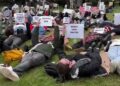 IMG 20231021 WA0185 Estudiantes de Harvard realizan una protesta por Gaza simulando estar muertos