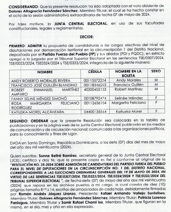 IMG 20240507 WA01321 JCE anuncia composición boleta de Fuerza del Pueblo; Rafael Paz queda fuera